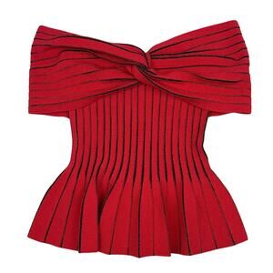 Balmain Paris Strapless Sweater Knit Top Knot Front Red Black Stripe Peplum FR38